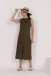 Olive Green Sleeveless Cotton Front Slit Dress With Loop Detailing