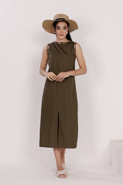 Olive Green Sleeveless Cotton Front Slit Dress With Loop Detailing