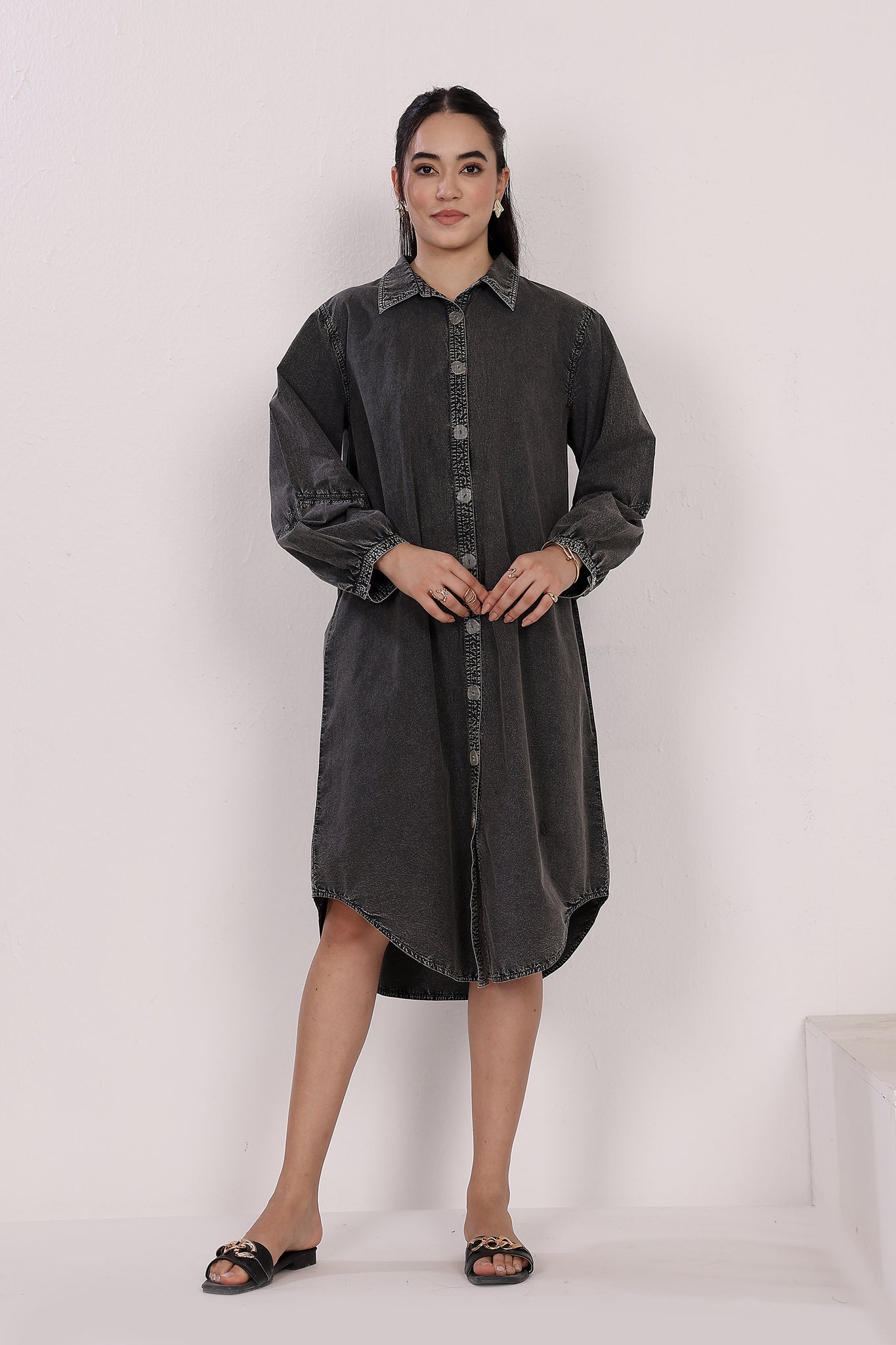 Black Acid Washed Button-down Short Shirt Dress With Belt MIDORI BY SGV Black Acid Washed Button-down Short Shirt Dress With Belt MIDORI BY SGV