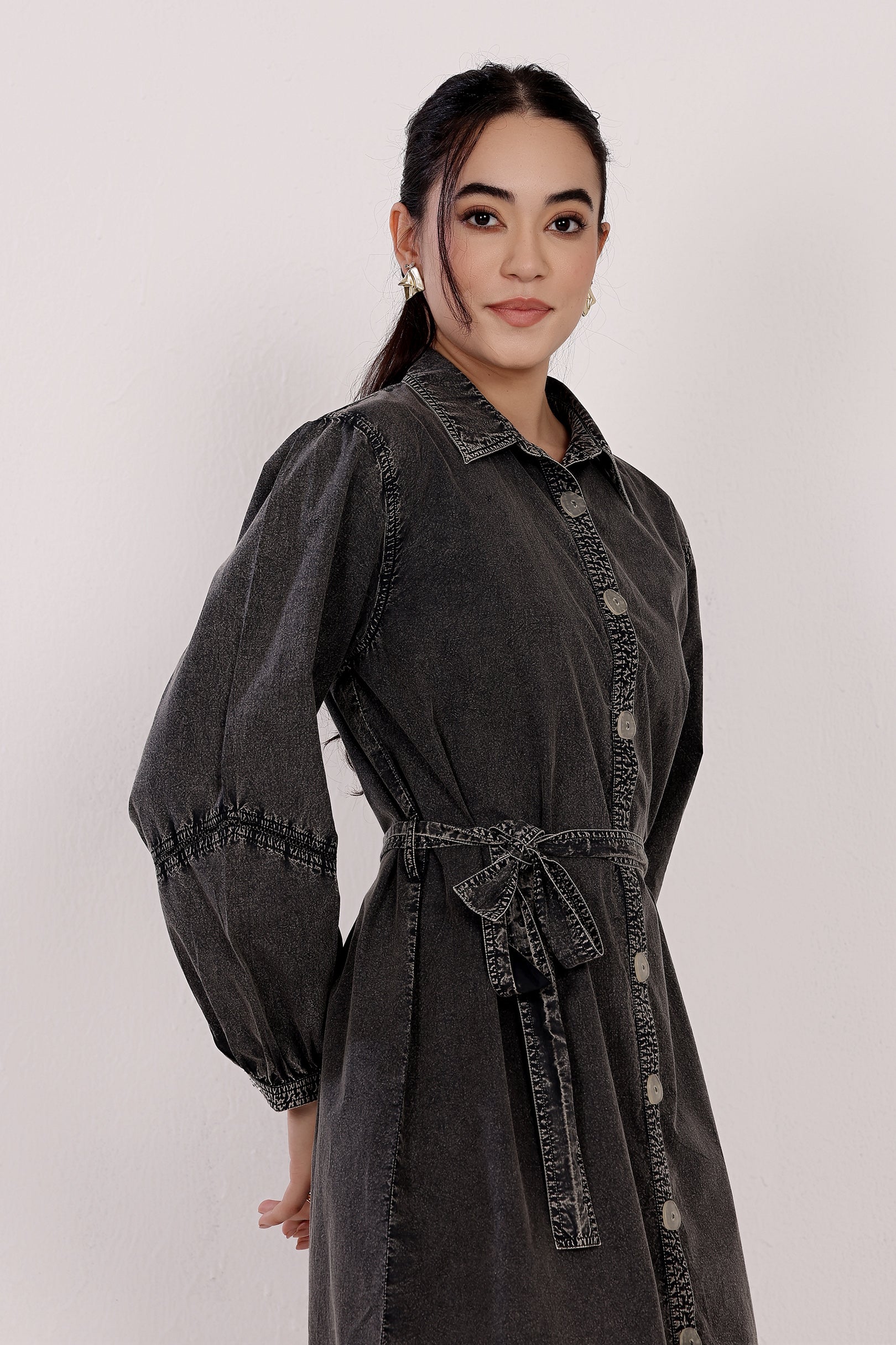 Black Acid Washed Button-down Short Shirt Dress With Belt MIDORI BY SGV Black Acid Washed Button-down Short Shirt Dress With Belt MIDORI BY SGV