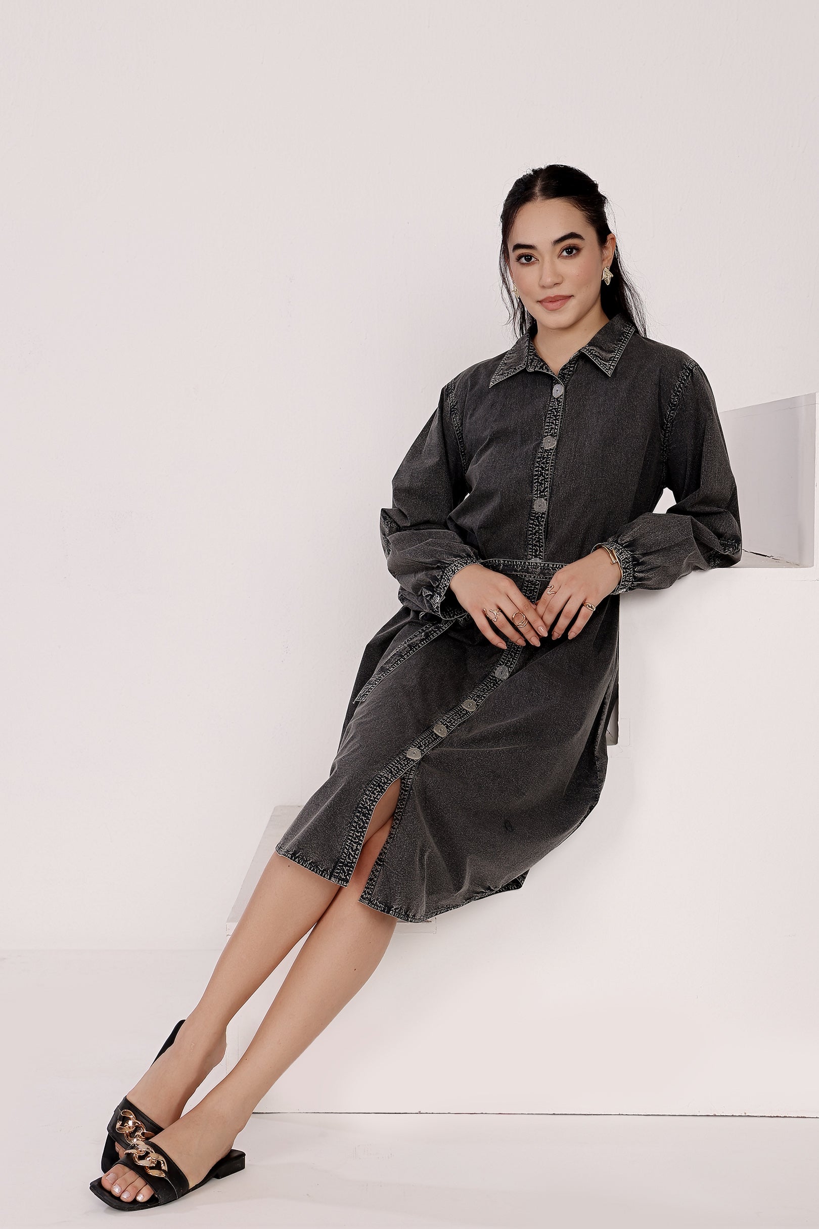 Black Acid Washed Button-down Short Shirt Dress With Belt MIDORI BY SGV Black Acid Washed Button-down Short Shirt Dress With Belt MIDORI BY SGV