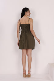 Olive Green Cotton Short Dress with Adjustable Bow Straps And Side Pockets