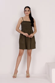 Olive Green Cotton Short Dress with Adjustable Bow Straps And Side Pockets