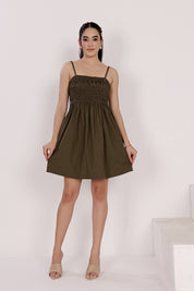 Olive Green Cotton Short Dress with Adjustable Bow Straps And Side Pockets