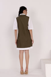White & Olive Dual-Tone Cotton Short Dress with Double Collar and Front Embroidery