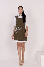 White & Olive Dual-Tone Cotton Short Dress with Double Collar and Front Embroidery