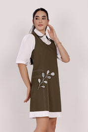 White & Olive Dual-Tone Cotton Short Dress with Double Collar and Front Embroidery