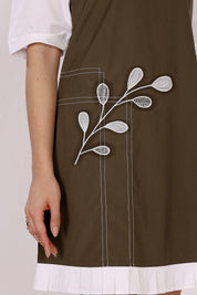 White & Olive Dual-Tone Cotton Short Dress with Double Collar and Front Embroidery