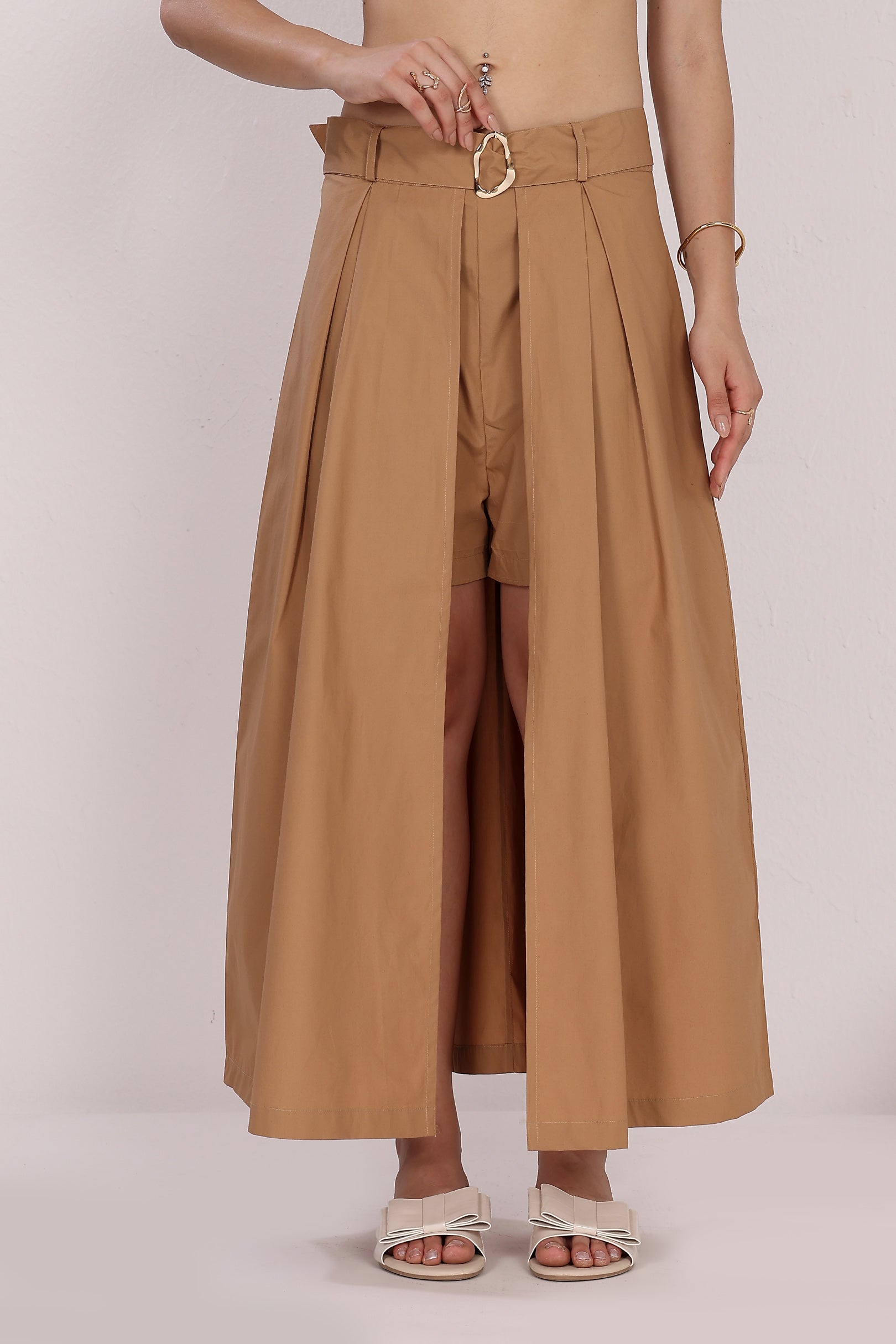 Cotton Skort With Back Zip And Belted Waist With Statement Metal Buckle