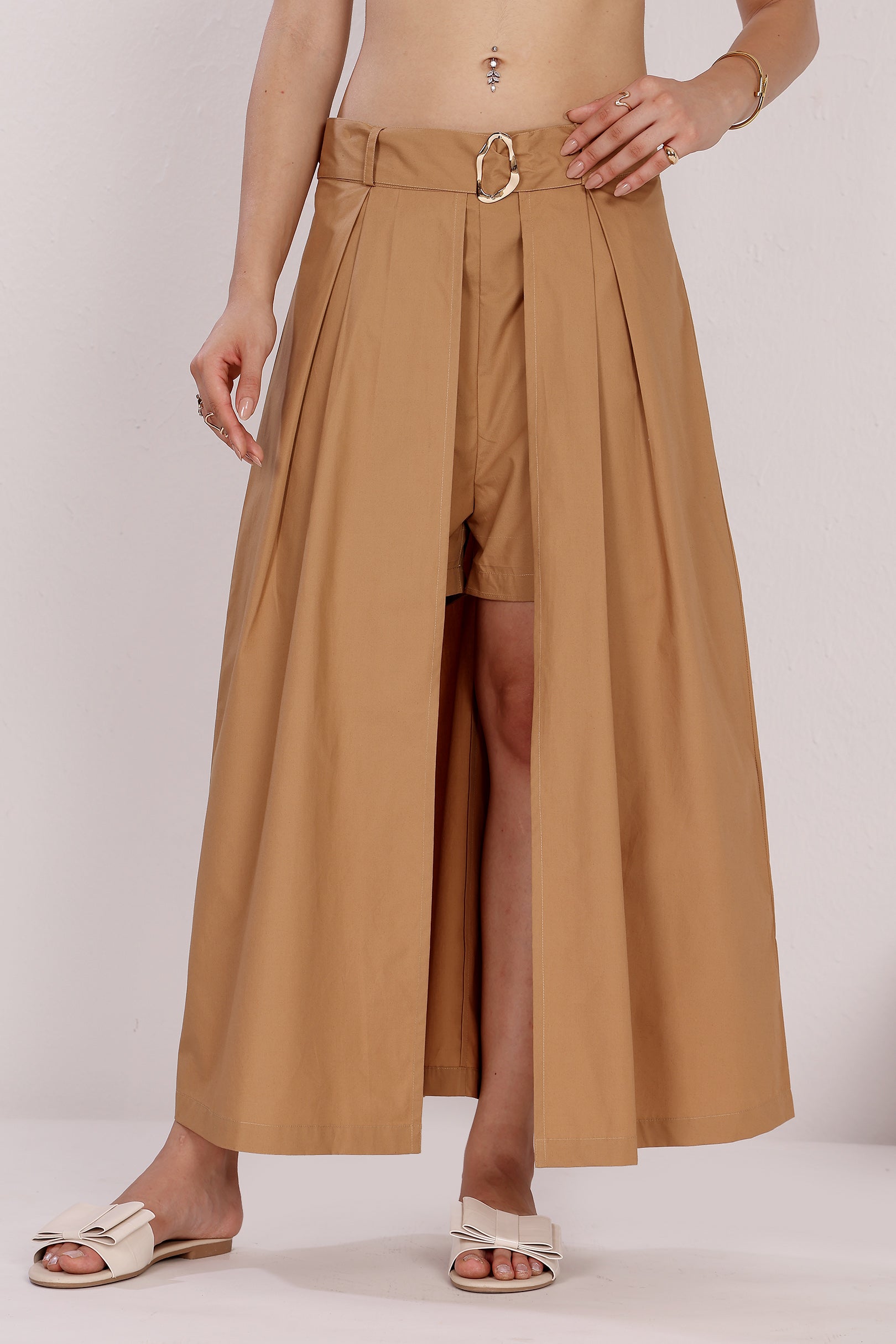 Cotton Skort With Back Zip And Belted Waist With Statement Metal Buckle
