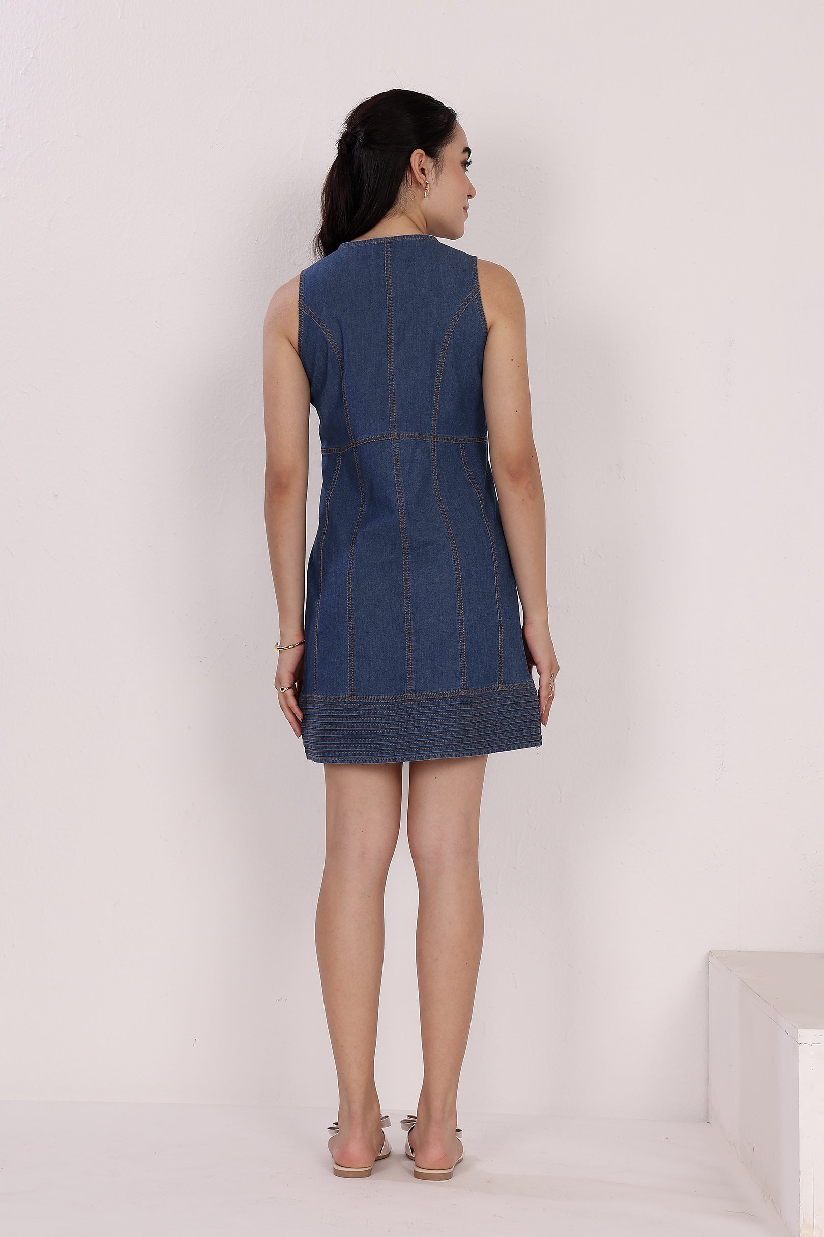 Denim Button-Down Short Dress with Pintuck Detailing and Glass Neckline