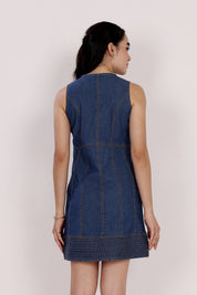 Denim Button-Down Short Dress with Pintuck Detailing and Glass Neckline
