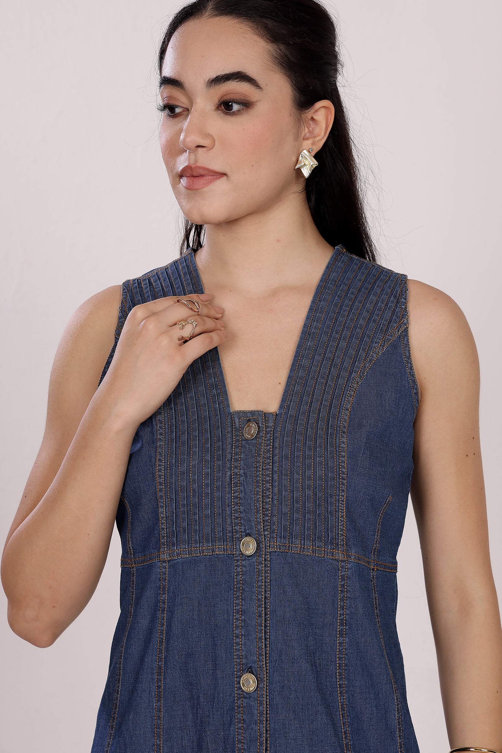 Denim Button-Down Short Dress with Pintuck Detailing and Glass Neckline