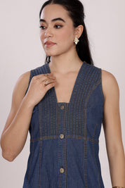Denim Button-Down Short Dress with Pintuck Detailing and Glass Neckline