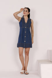Denim Button-Down Short Dress with Pintuck Detailing and Glass Neckline