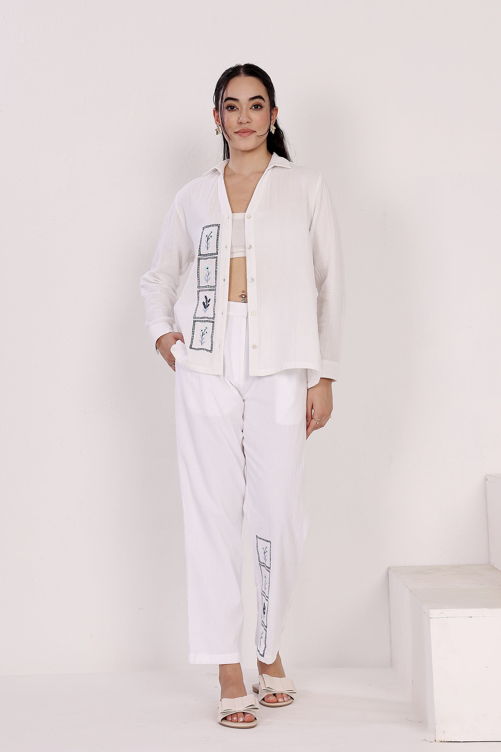 White Organic Cotton Button-Down Shirt & Pant Co-ord Set With Delicate Floral Embroidery