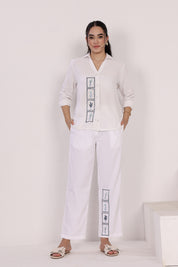 White Organic Cotton Button-Down Shirt & Pant Co-ord Set With Delicate Floral Embroidery