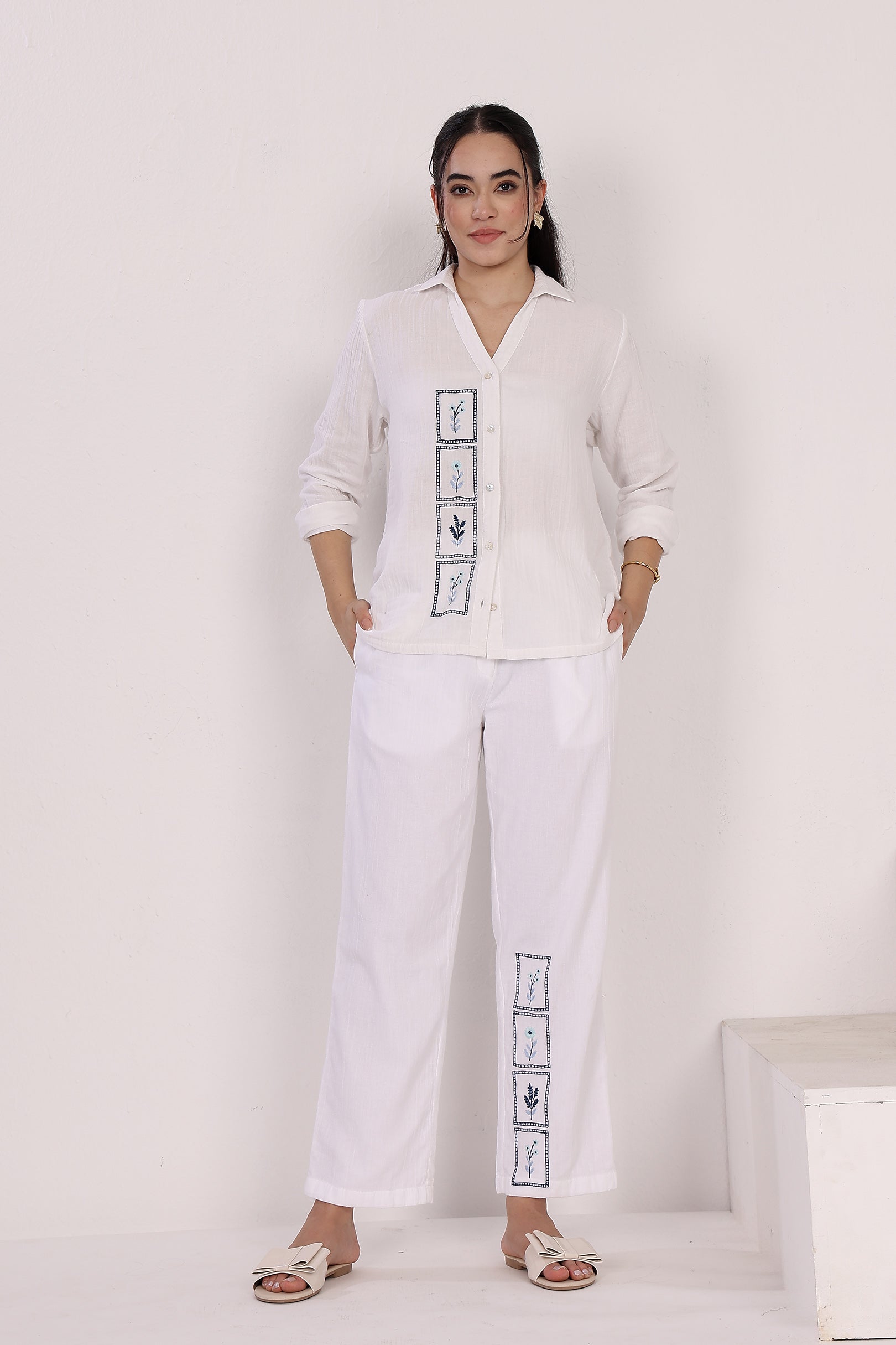 White Organic Cotton Button-down Shirt With Floral Embroidery