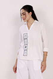 White Organic Cotton Button-down Shirt With Floral Embroidery